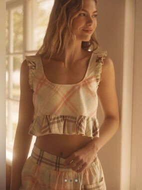 NWT Anthropologie LyreBird Charming Plaid Ruffle Crop Tank Top Cream Yellow Sz L